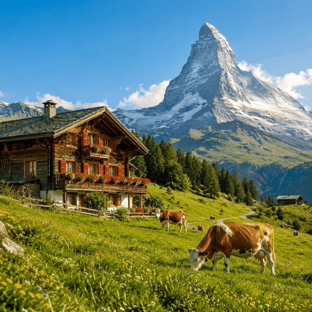 Alpine chalet with red flowers, cows grazing in flower meadow, Matterhorn behind