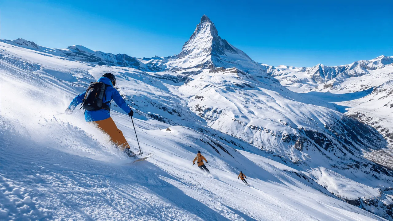 Skiers on a sunny slope above Zermatt with the Matterhorn behind