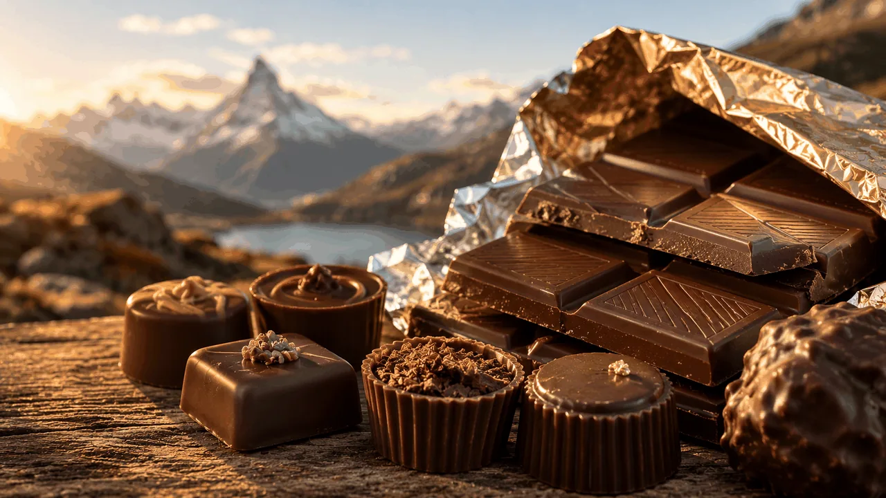 Swiss chocolate bars unwrapped — Lindt, Toblerone, dark squares