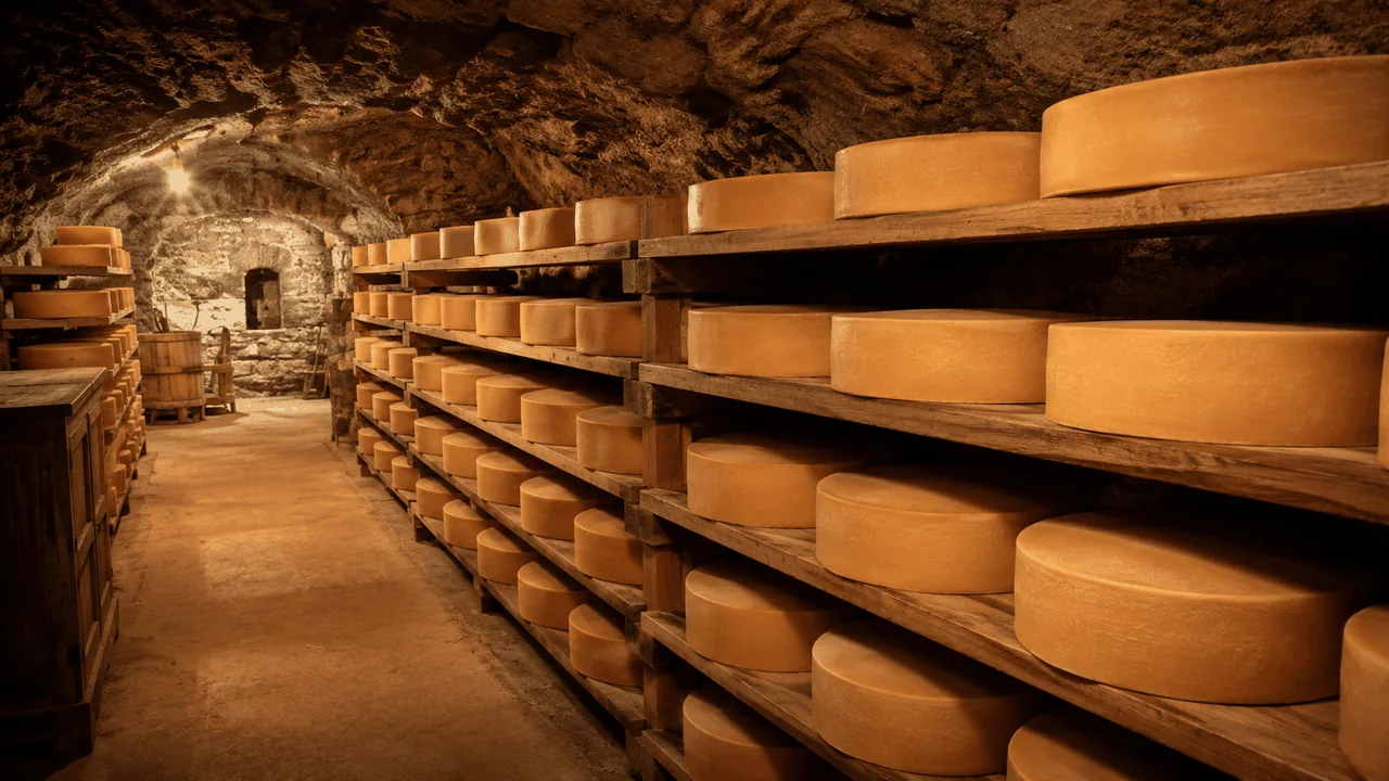 Cheese cave with rounds of Gruyère ageing on wooden shelves