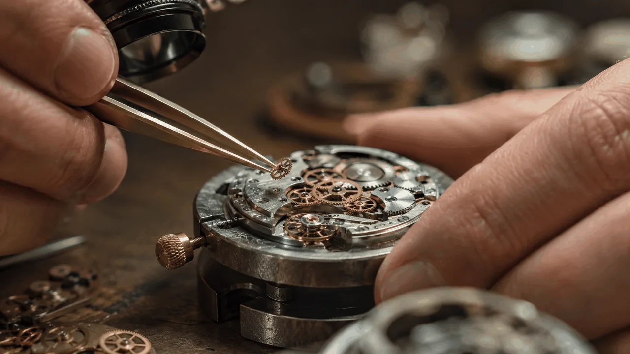 Watchmaker's hands with tweezers assembling a tiny mechanical movement