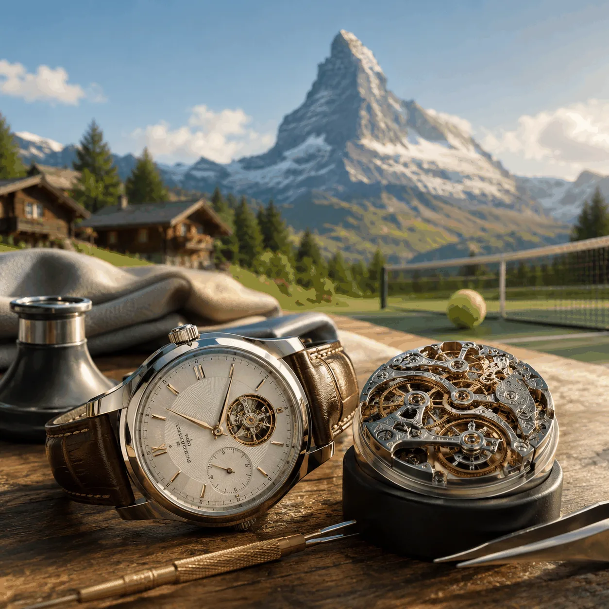 Swiss watches with Matterhorn in the background and a tennis court