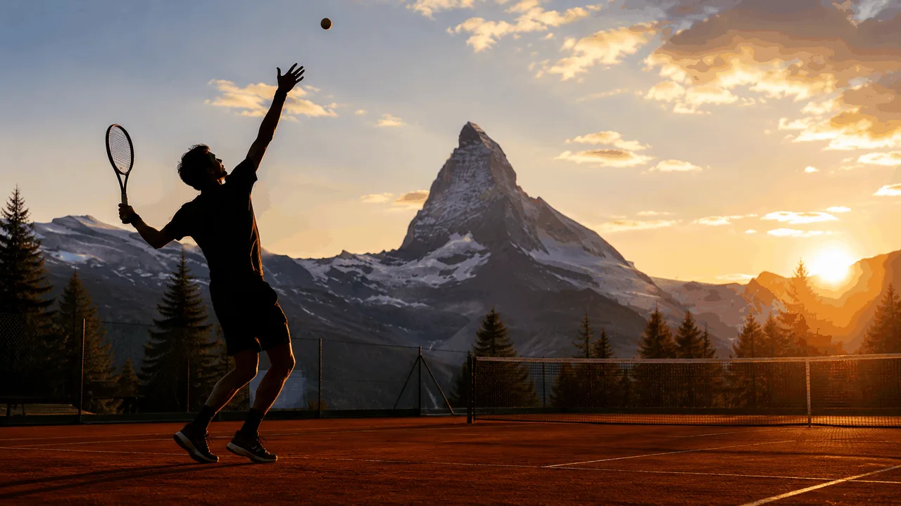 Roger Federer in white with the Matterhorn in the background