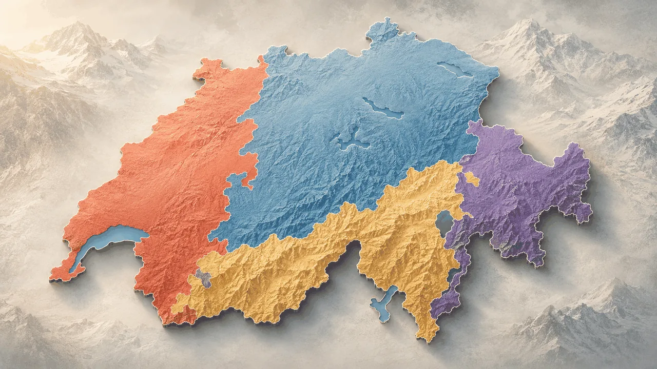 Map of Switzerland coloured by language regions — German, French, Italian, Romansh