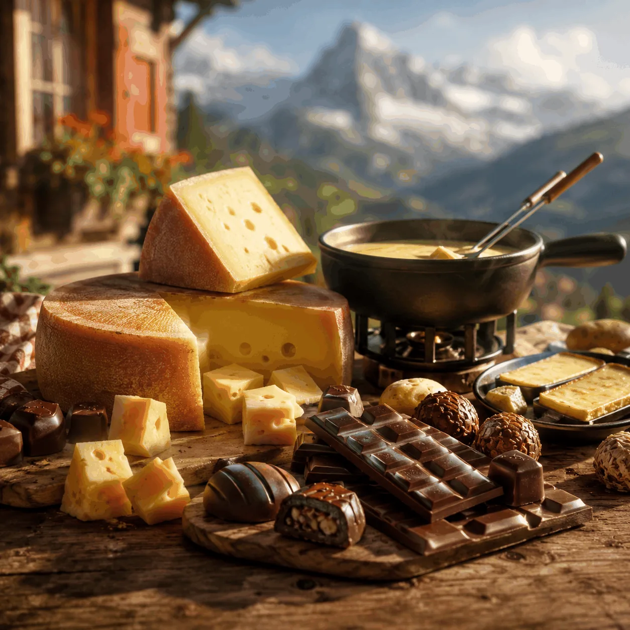 Swiss cheese and chocolate on a wooden board