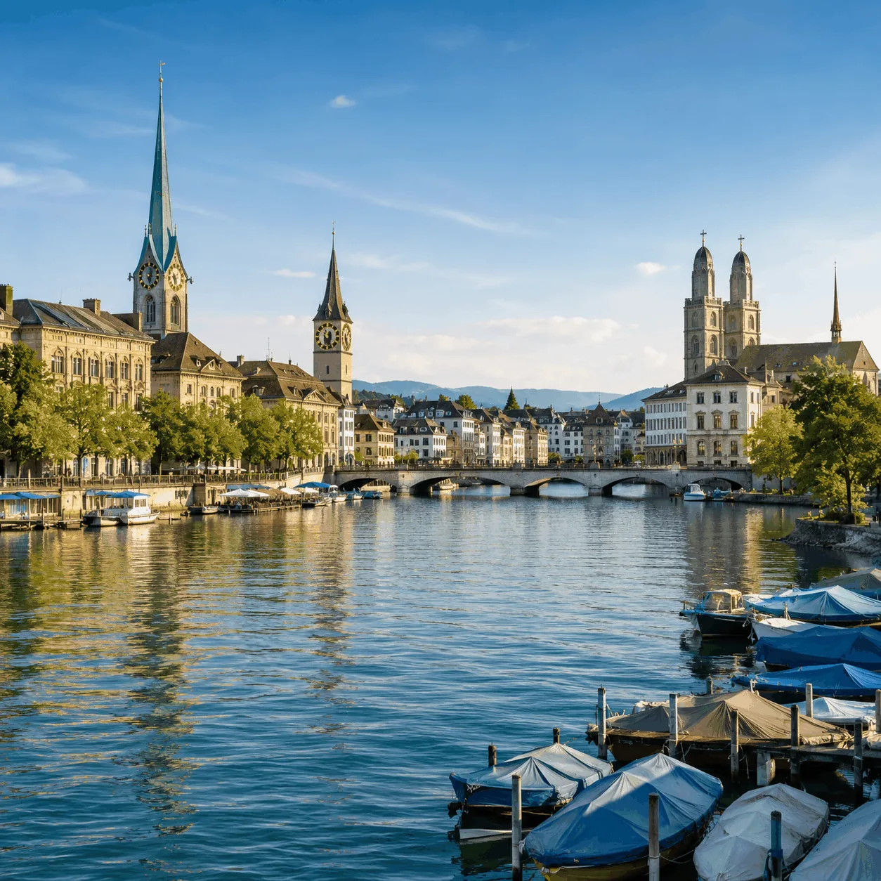 Zurich — old town churches and boats on the lake