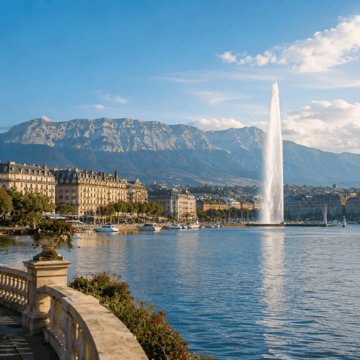 Geneva — Jet d'Eau on the lake with mountains in the distance