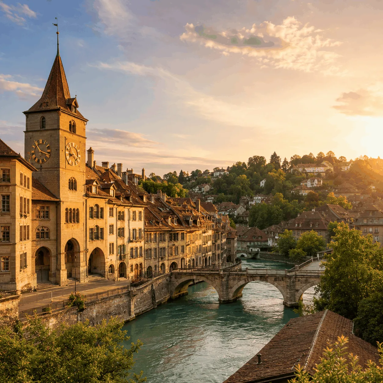 Bern at sunset — clock tower and bridge over Aare river