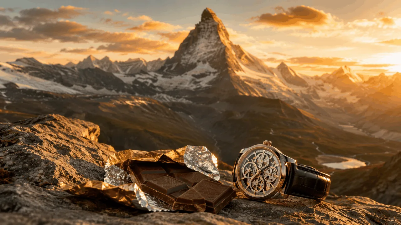 Matterhorn at sunset with Swiss chocolate and a skeleton watch resting on the rock