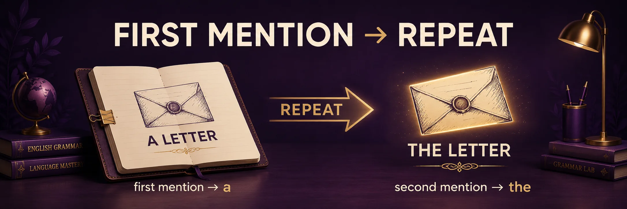 Horizontal banner: FIRST MENTION → REPEAT. Left panel — envelope labeled 'A LETTER' with the caption 'first mention → a'. Right panel — sealed envelope labeled 'THE LETTER' with the caption 'second mention → the'. Arrow between the two envelopes reads REPEAT.