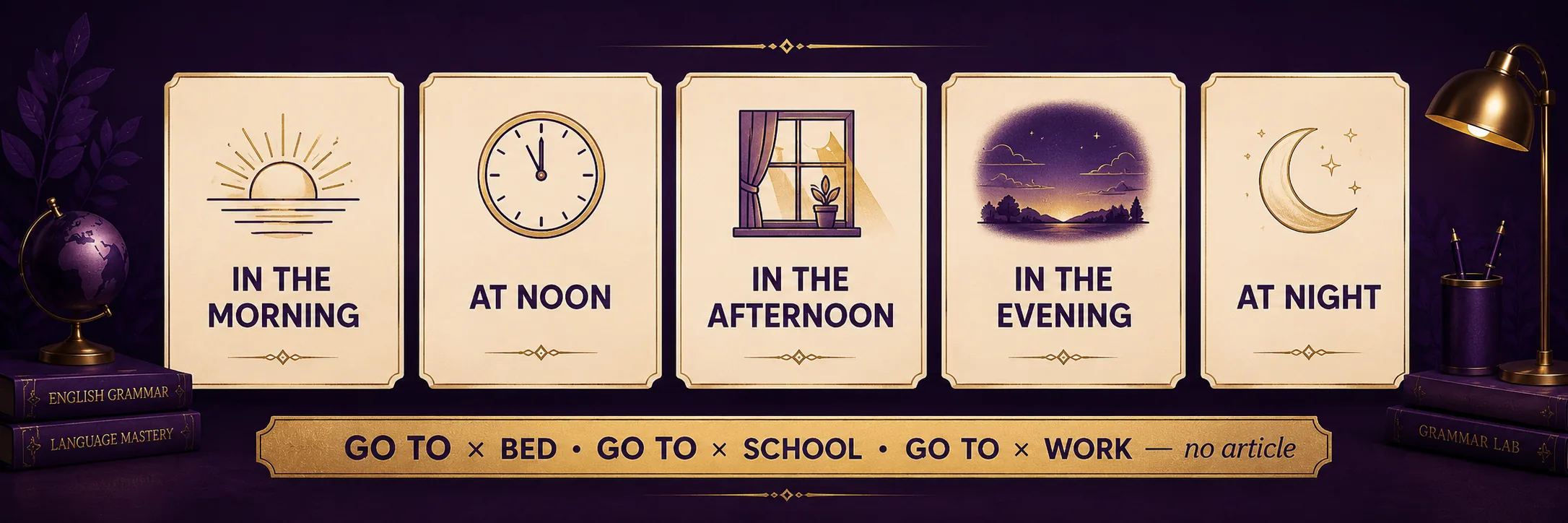 §8 parts of the day + zero article with 'go to'. Five illustrated cards: IN THE MORNING (rising sun), AT NOON (analog clock at 12), IN THE AFTERNOON (a window with the afternoon light), IN THE EVENING (a valley at sunset), AT NIGHT (crescent moon and stars). Bottom banner reads: GO TO × BED · GO TO × SCHOOL · GO TO × WORK — no article.
