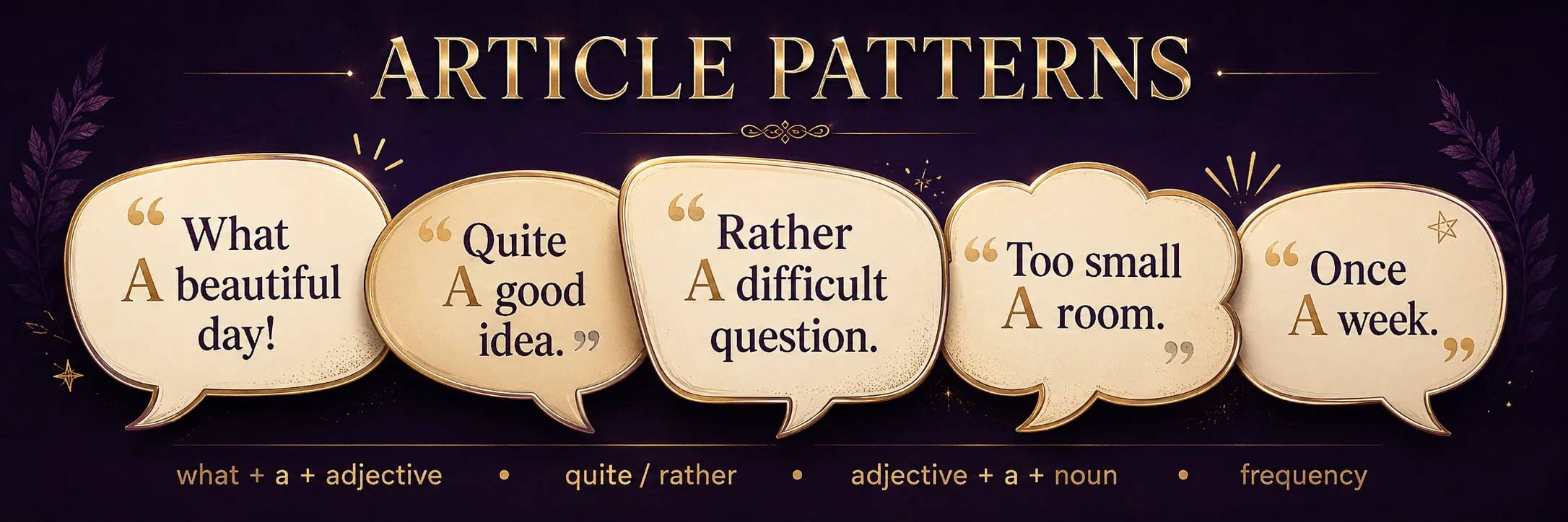 §19 — ARTICLE PATTERNS · five ornate speech bubbles across a dark violet background: 'What A beautiful day!', 'Quite A good idea.', 'Rather A difficult question.', 'Too small A room.', 'Once A week.' Bottom row of labels: what + a + adjective · quite / rather · adjective + a + noun · frequency.