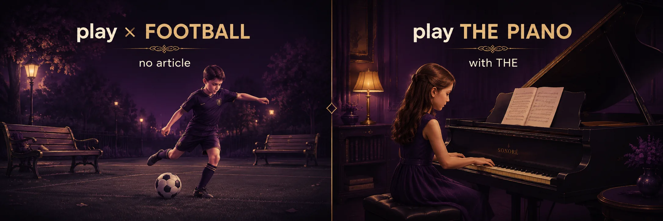 §10 — split scene, purple night mood. Left half: a boy kicks a football under a lamppost — caption 'play × FOOTBALL — no article'. Right half: a girl in a violet dress plays a grand piano in a warmly lit study — caption 'play THE PIANO — with the'.