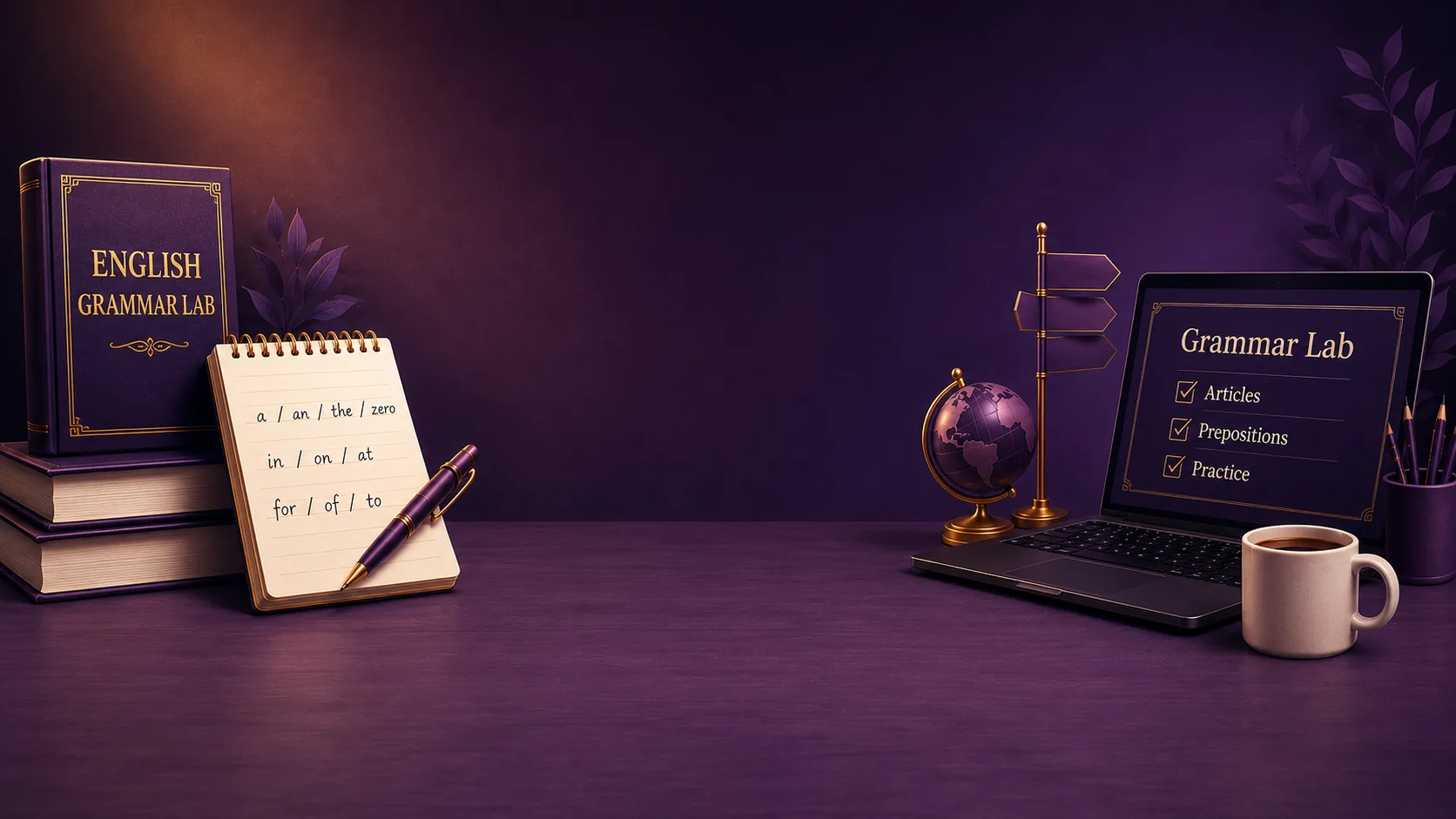 Dark violet studio desk with a leather-bound English Grammar Lab notebook on the left showing handwritten a / an / the / zero / in / on / at / for / of / to columns, and a laptop on the right with the Grammar Lab dashboard showing green ticks next to Articles, Prepositions and Practice.