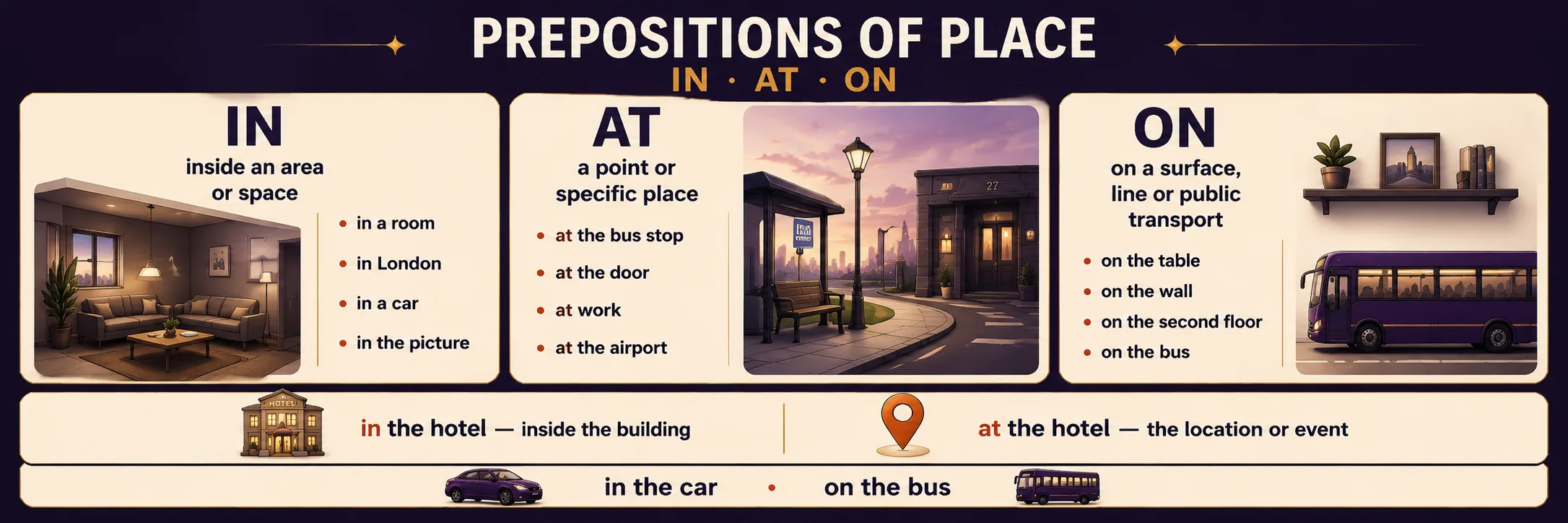 P3 Prepositions of place · IN · AT · ON — horizontal banner. IN — inside an area or space (a lit purple room): in a room, in London, in a car, in the picture. AT — a point or specific place (a doorway with a bus stop): at the bus stop, at the door, at work, at the airport. ON — on a surface, line or public transport (a shelf and a purple bus): on the table, on the wall, on the second floor, on the bus. Contrast row: in the hotel = inside the building · at the hotel = the location or event · in the car · on the bus.