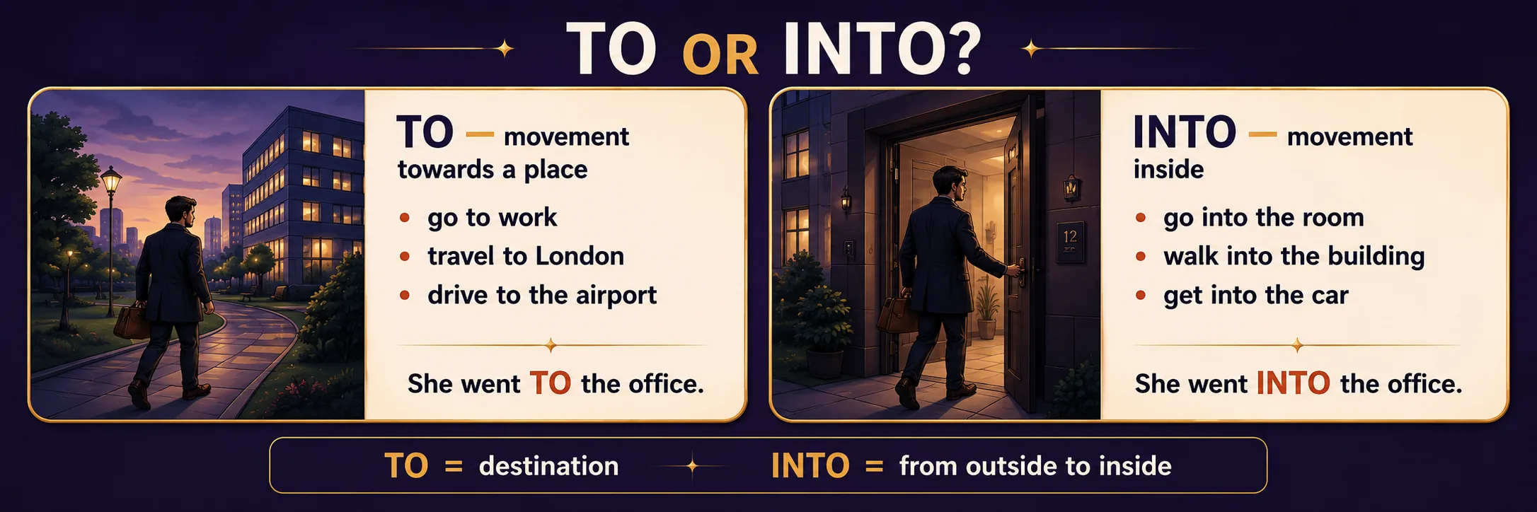 TO or INTO? Horizontal split banner. Left half — TO = movement towards a place. A man walks toward an office building at night. Examples: go to work, travel to London, drive to the airport. Bottom line: 'She went TO the office.' Right half — INTO = movement inside. A man steps into a lit doorway. Examples: go into the room, walk into the building, get into the car. Bottom line: 'She went INTO the office.' Formula strip: 'TO = destination · INTO = from outside to inside.'