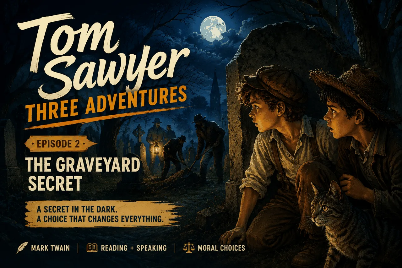 Tom Sawyer · Three Adventures. Two boys hidden in a moonlit graveyard with a cat, three men with a lantern digging in the distance. A secret in the dark. A choice that changes everything. Mark Twain · Reading + Speaking · Moral Choices.