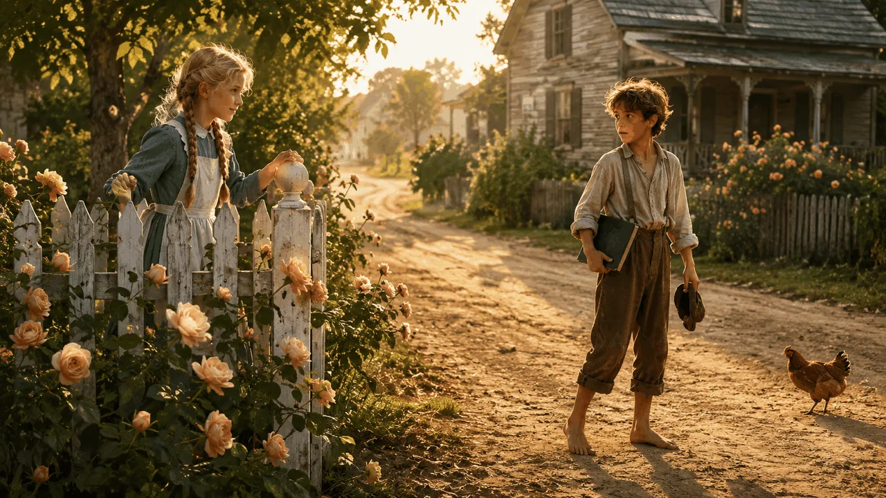 A summer morning in a quiet American village in 1840. A new girl with bright yellow hair in two long braids and a blue dress stands behind a white wooden fence, looking shyly at a barefoot boy across the road. The boy stands frozen mid-step, a school slate under one arm. Soft golden light, peach roses on the fence, a chicken in the dust.