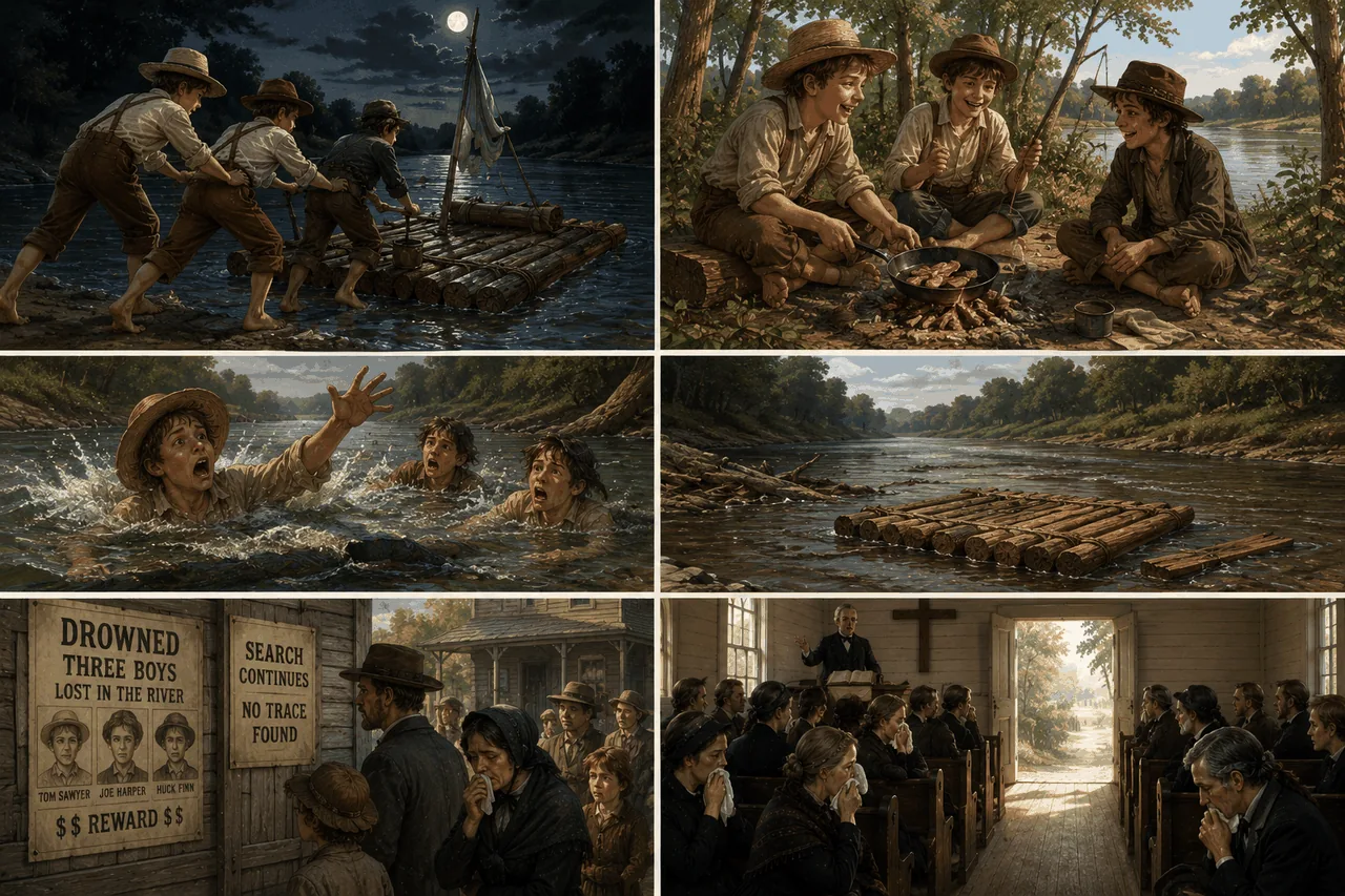 A six-panel illustrated retelling of Act 5: the three boys push their raft into the moonlit river; they cook bacon around a fire on Jackson's Island; they struggle in the imagined drowning the town pictures; the empty broken raft drifts at dawn; a DROWNED — THREE BOYS poster hangs at the store while a grieving mother weeps; finally, the three boys appear in the doorway of their own funeral inside the village church.