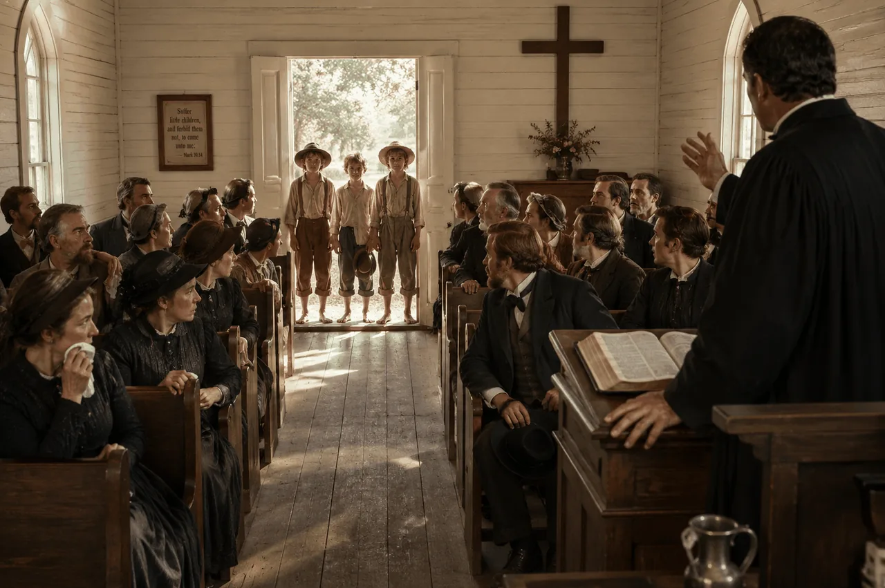 The front of a small white wooden church on a Sunday morning. The big doors at the back of the church are wide open. Inside, every villager sits in the wooden pews, women holding white handkerchiefs, men with their hats on their knees. The minister is at the pulpit reading from the Bible. Sunlight pours through the open doorway and cuts across the empty central aisle. Three small barefoot boys stand in the doorway: Tom Sawyer in front, Joe Harper beside him, Huckleberry Finn half-hidden behind. River mud still on their trousers. The whole church has turned to look at them.
