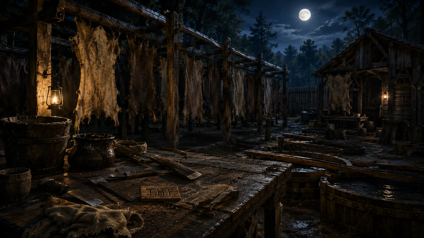 A moonlit night at an old tan-yard on the edge of the village. Two barefoot boys — Tom Sawyer and Huckleberry Finn — kneel on the dirt in front of a rough tree stump. A small pine shingle lies on the stump. On the shingle, written in dark blood, are the initials T.S. and H.F. and a short line of words. A rusty pin lies beside the shingle. Both boys have a small red mark on their thumbs. Blue-silver moonlight, long shadows of the trees like dark hands, a single owl on a fence post watching them.