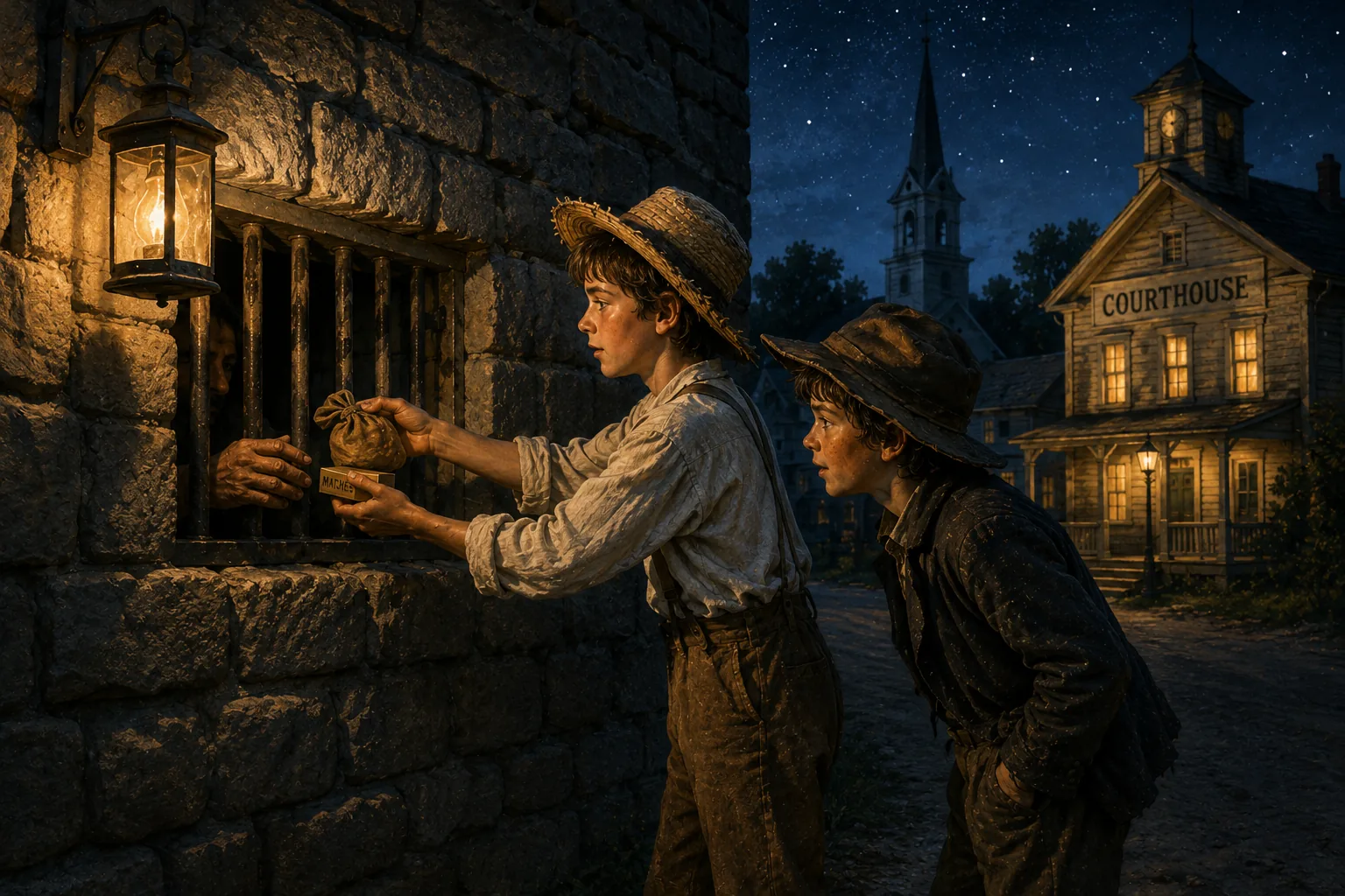 A summer night in the small village of St. Petersburg. The low stone wall of the town jail is lit by a single lantern. A small barred window at head-height. Two barefoot boys — Tom Sawyer and Huckleberry Finn — stand very close to the wall. Tom is pushing a folded pouch of tobacco and a box of matches between the bars. A pair of tired, thankful hands reaches out to take them from the inside. In the far background, a wooden courthouse and the dark shape of a church spire against the starry sky.