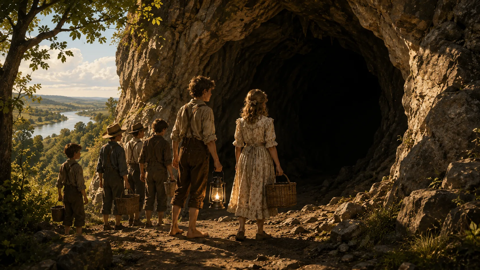 A bright summer afternoon at the wide stone mouth of McDougal's Cave in 1840s Missouri. A group of village children in old-fashioned Sunday clothes stand at the entrance, laughing, holding small wooden torches with orange flames. In the front of the group, Tom Sawyer holds Becky Thatcher's hand — she has long braids and a blue dress. The cave opening behind them is a huge dark stone arch, cool black air pouring out of it. Green trees, a picnic basket on the grass, a wooden ladder leaning against a rock. Warm cinematic afternoon light on the outside; total darkness inside the arch. Norman Rockwell meets Mark Twain, painterly, 16:9 wide composition.