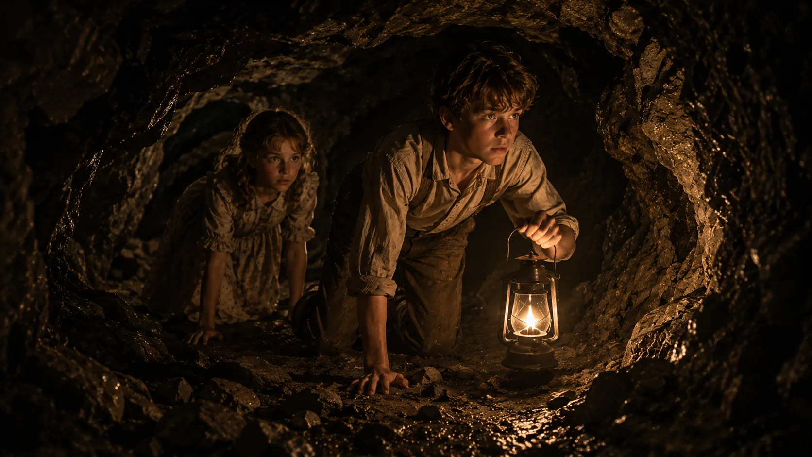 Deep inside McDougal's Cave. A narrow, wet stone tunnel with grey walls that all look the same. In the centre, Tom Sawyer is on his knees, one hand pressed to the wall, the other holding a thin piece of kite string that stretches back into the dark behind him. His candle in a jam-jar throws a small circle of golden light. Far in the background of the same tunnel, a much smaller and colder light — a single lantern held by the silhouette of Injun Joe, a tall man in a dark shirt with a red bandana, walking slowly away. Tom is holding his breath. Deep painterly shadows, cold blue-black tones on the walls, warm amber near Tom, single cold pinpoint of Injun Joe's lantern. Cinematic, 16:9.