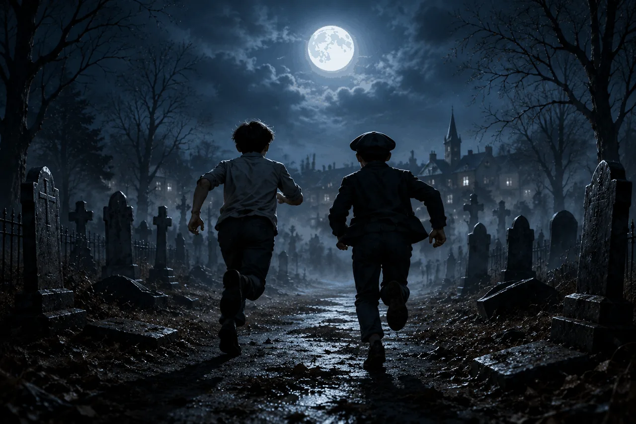 Tom and Huck running away through the moonlit graveyard, gravestones blurring past, the church on the hill behind.