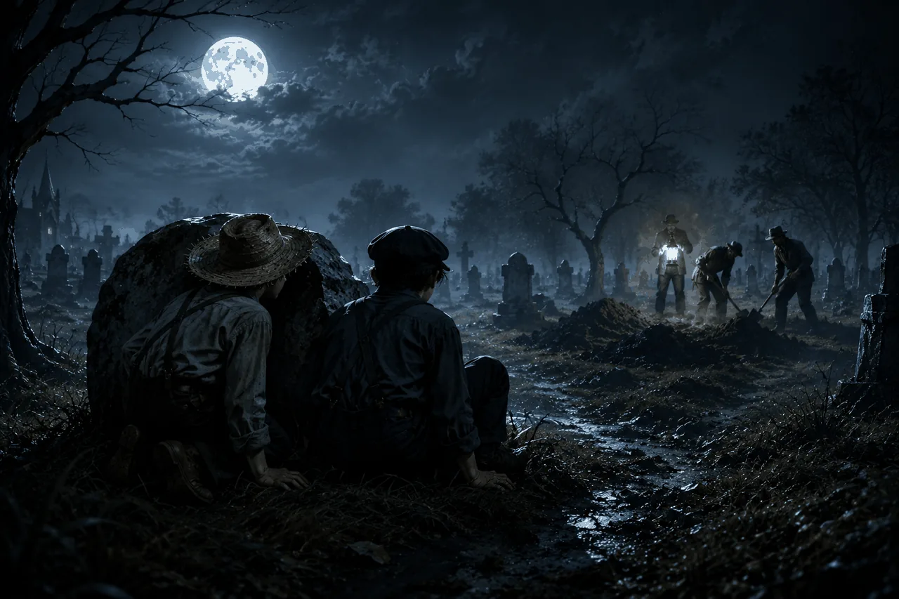 Tom and Huck hiding behind a tomb stone at midnight, three men with a lantern digging a fresh grave in the distance.