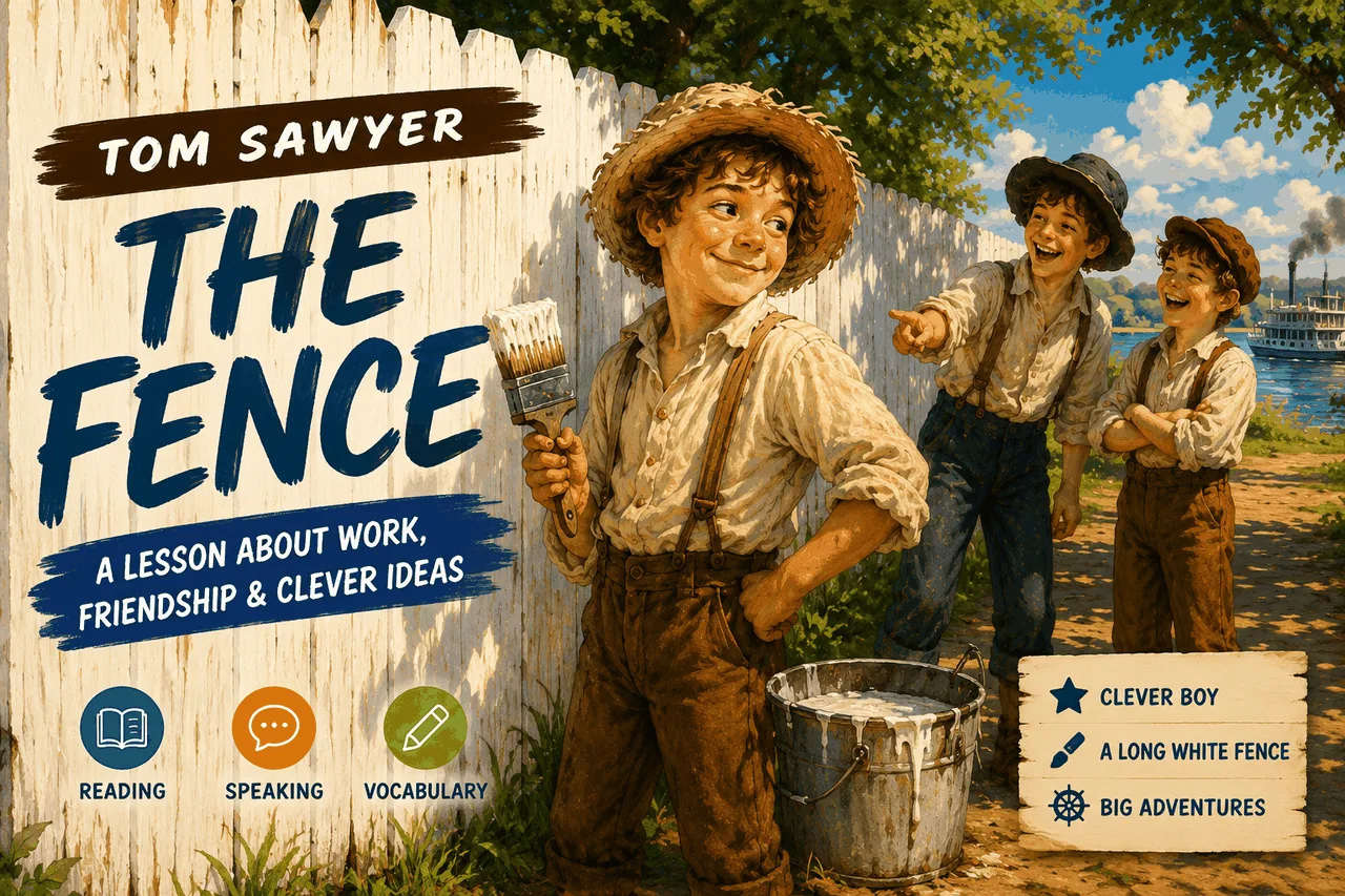 Tom Sawyer · The Fence — boy with paintbrush by white wooden fence, two friends laughing, steamboat on the Mississippi behind.
