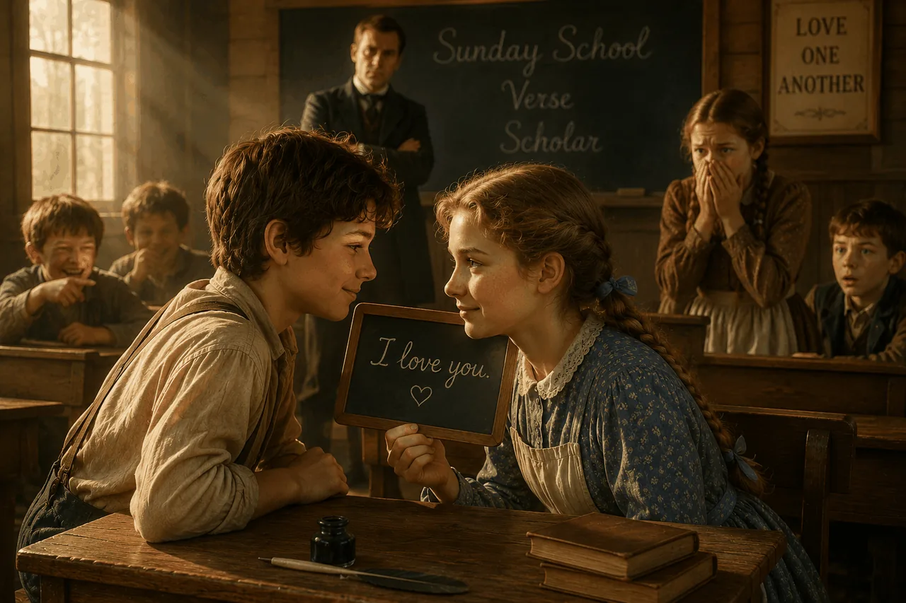 Inside a small wooden one-room schoolhouse. Tom sits at a worn double desk behind Becky. Sunlight cuts across the floor through open windows. Tom is showing his slate to Becky over her shoulder; on the slate, in chalk, the words I LOVE YOU. Becky's cheeks are pink, she covers her smile with her hand.