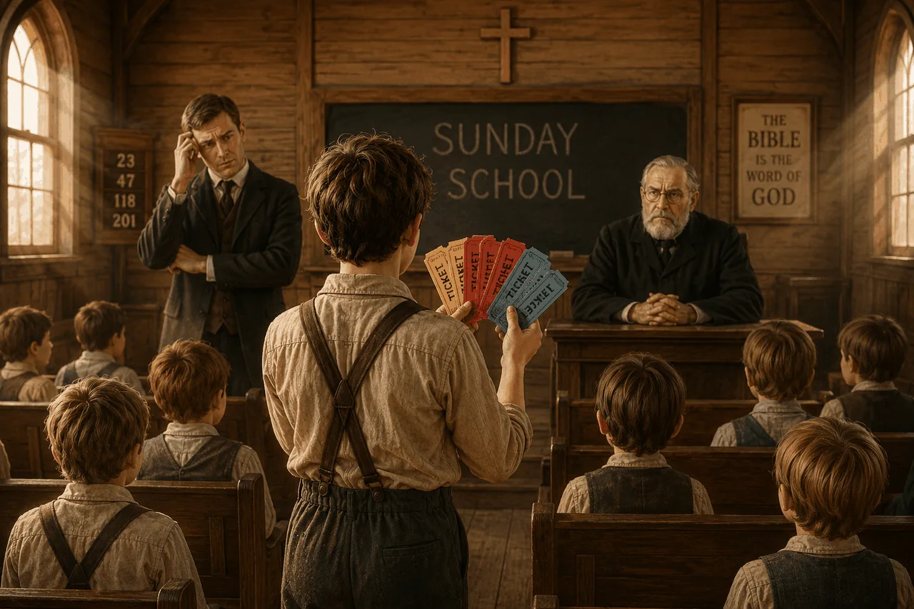Sunday school inside a wooden church. Tom standing with the fan of tickets in his hand, Mr Walters and Judge Thatcher at the front, rows of children in pews, a chalkboard reading SUNDAY SCHOOL and a Bible quote on the wall.