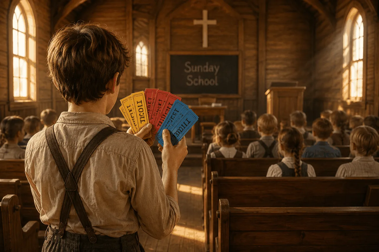 Tom from behind, fanning a handful of yellow, red and blue tickets, looking into the Sunday school full of children, a chalkboard reading SUNDAY SCHOOL, sunlight through tall windows.