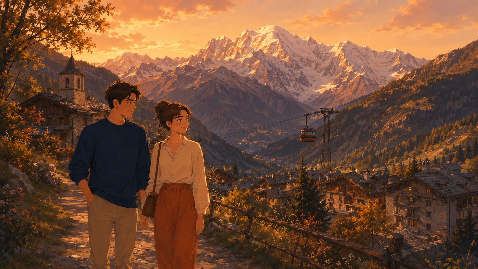 A couple hikes on a mountain path in the Aosta Valley at sunset with the snow-capped Mont Blanc massif in the background and a cable car on the right
