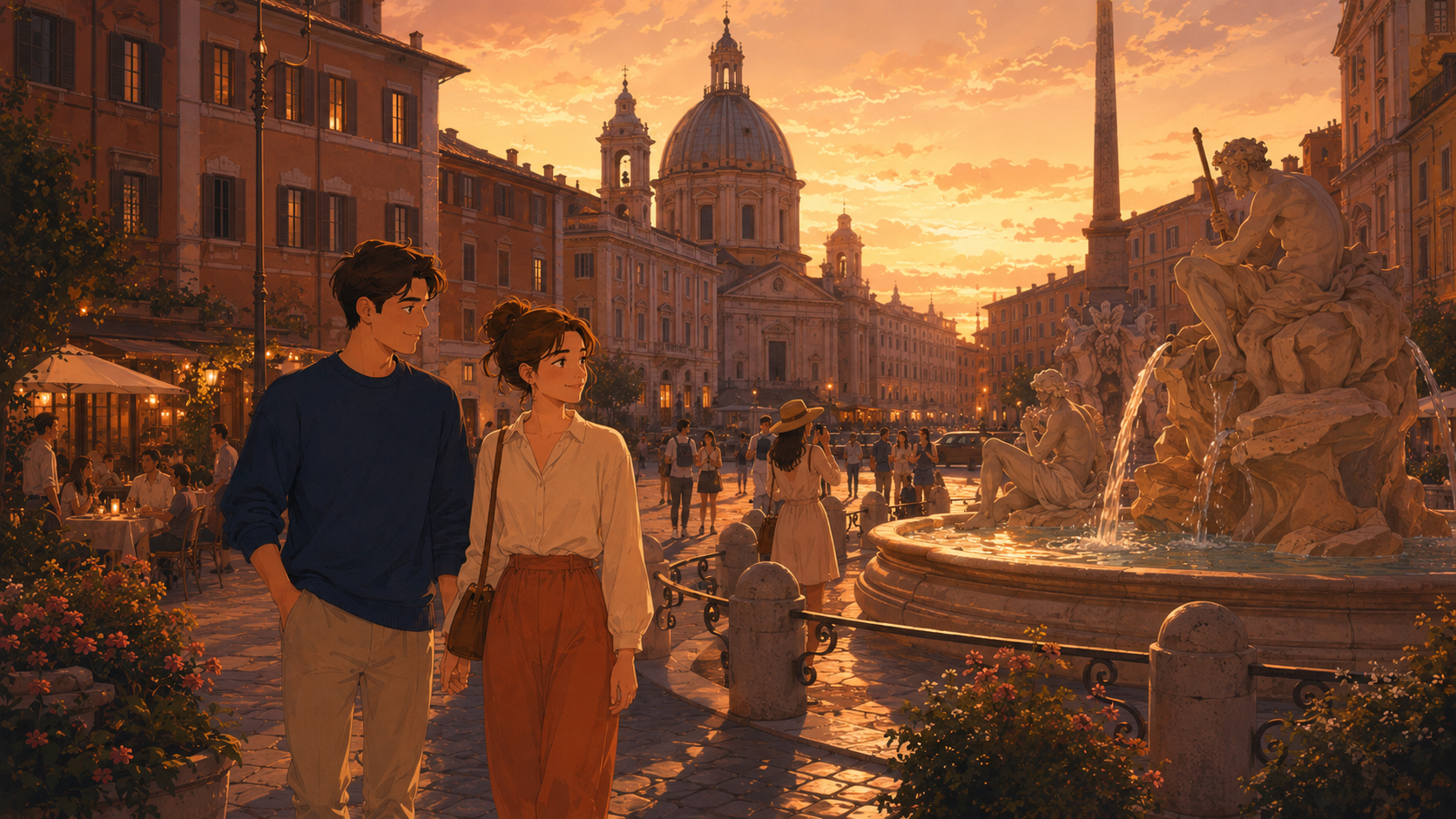 A couple walks through Piazza Navona in Rome at sunset with Bernini's Fountain of the Four Rivers and the church of Sant'Agnese in Agone in the background