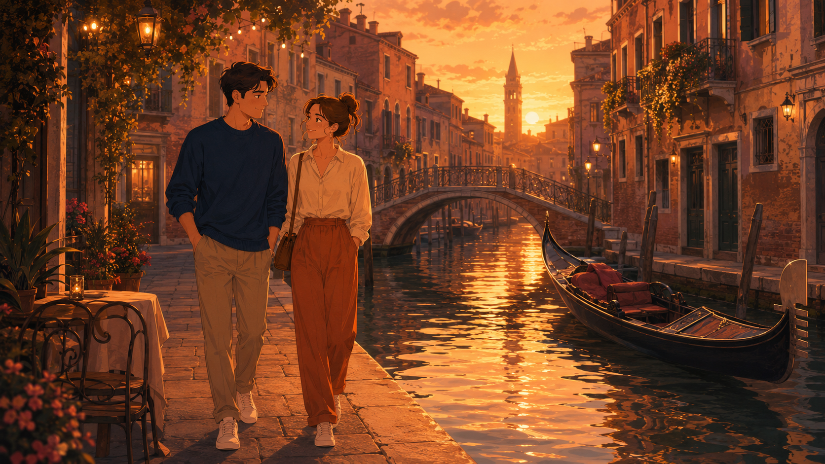 A couple walks along a narrow Venice canal at sunset with a black gondola moored to the bank, a stone bridge and the campanile of St Mark's in the distance