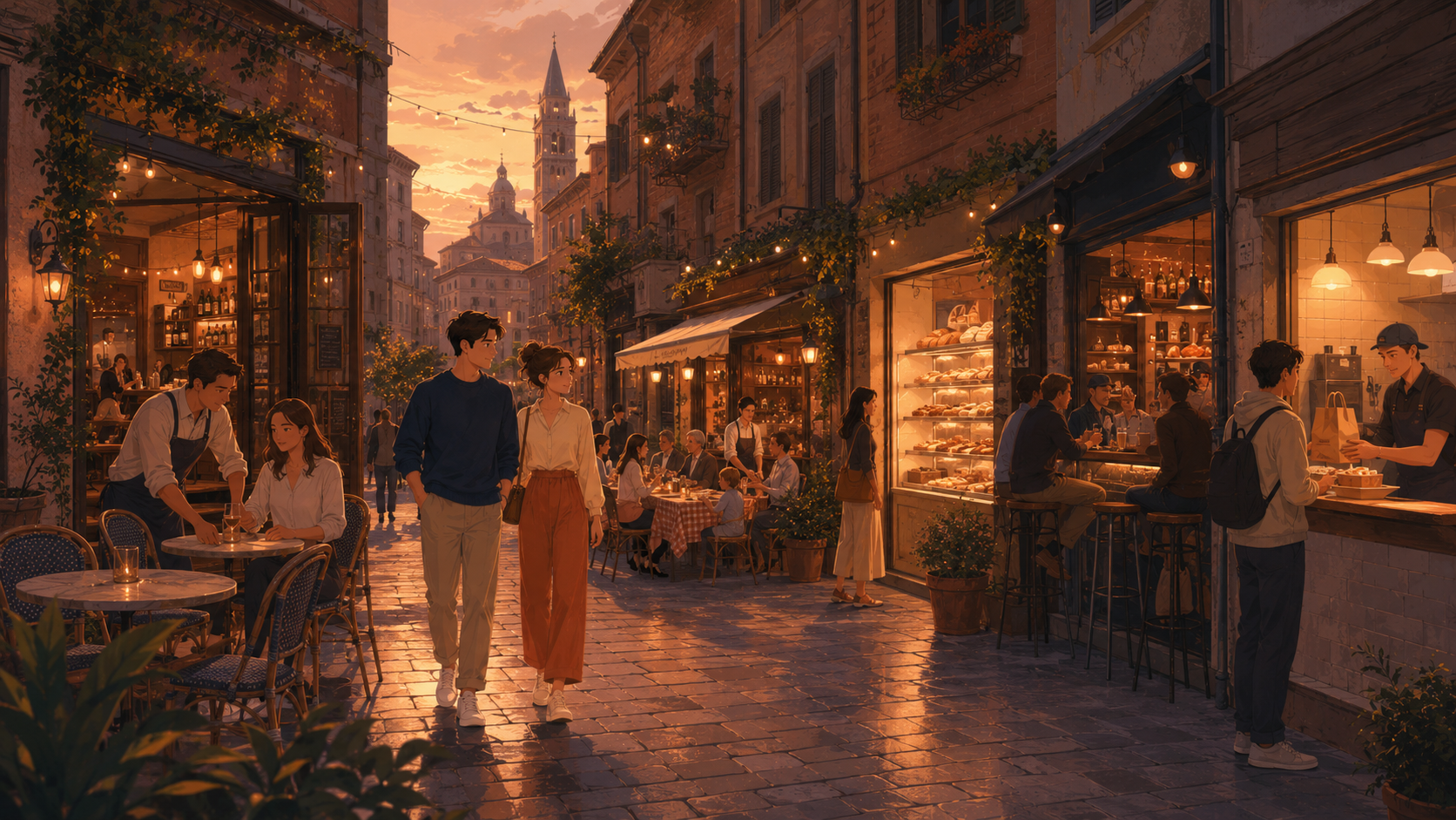Evening street of a small Italian town lined with tables and cafés, warm string lights, cathedral on the horizon