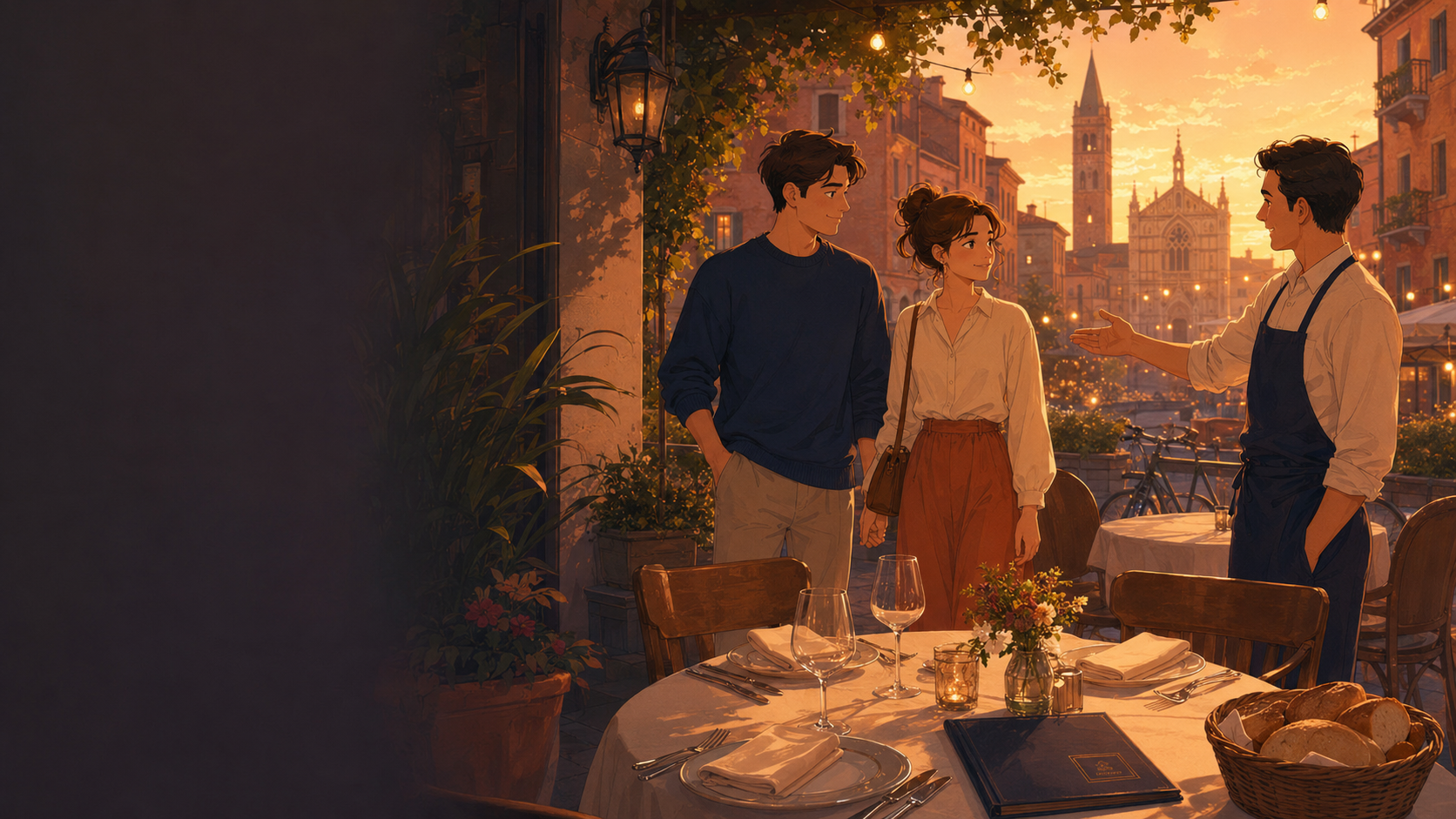 Sunset terrace of a restaurant with a Ferrara skyline in the background, a couple being welcomed by a waiter