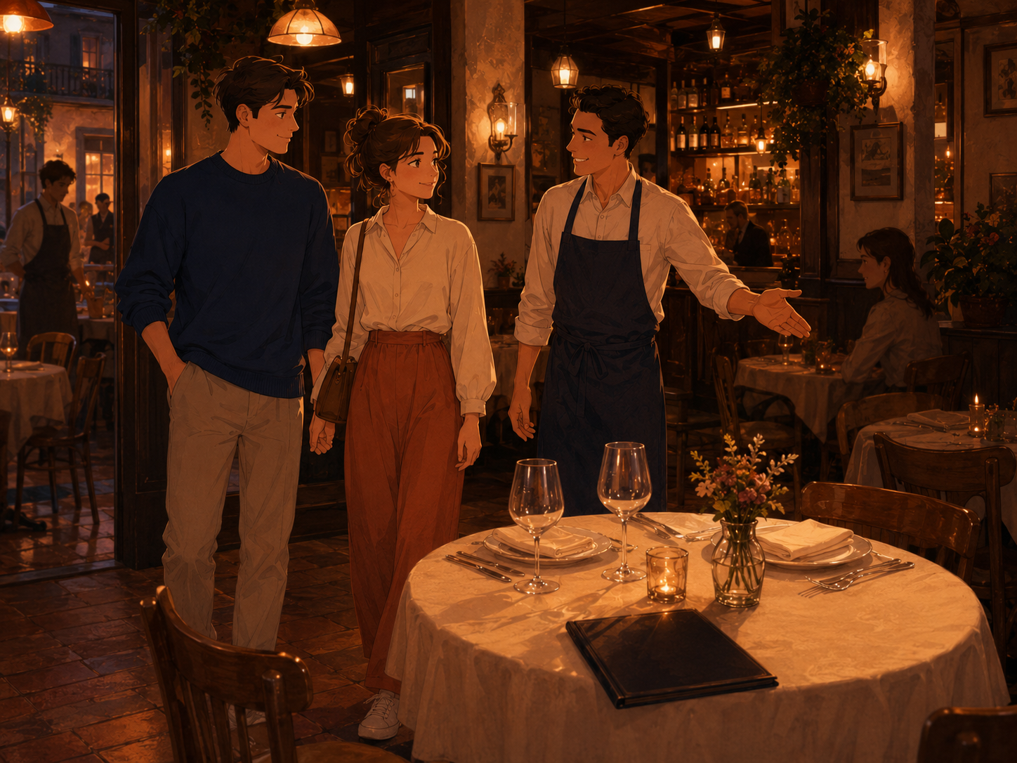 Warm interior of a small trattoria at night — candles, wine glasses on a set table, waiter greets guests