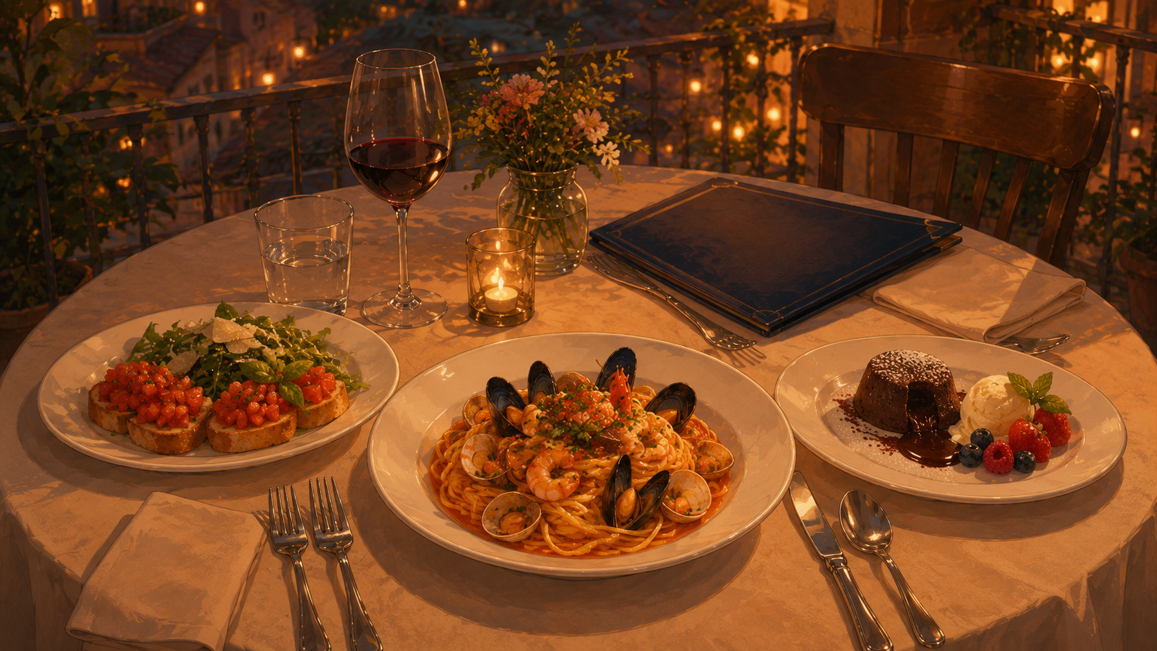 A full 3-course dinner on a candlelit balcony — bruschetta appetizer, seafood pasta with mussels, chocolate lava cake, red wine and a leather menu