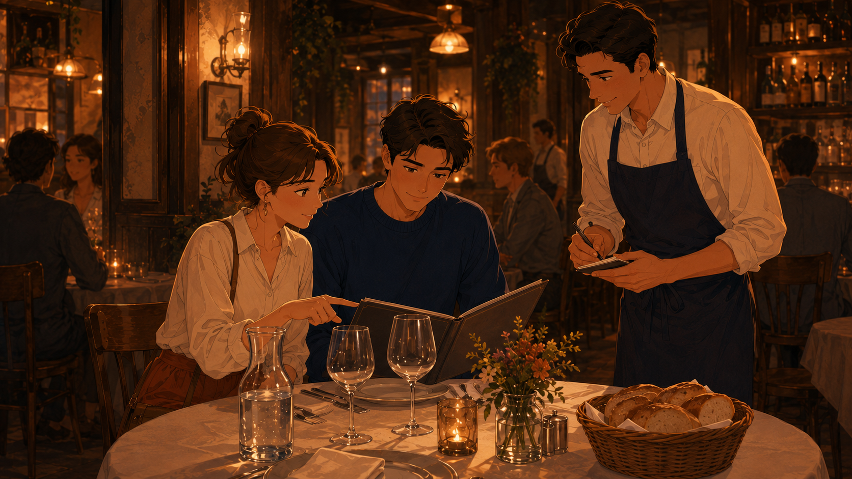 A young couple in a warm trattoria studying the menu together — she points at a dish, he leans in, the waiter in a navy apron writes down the order, wine glasses and bread basket on the table