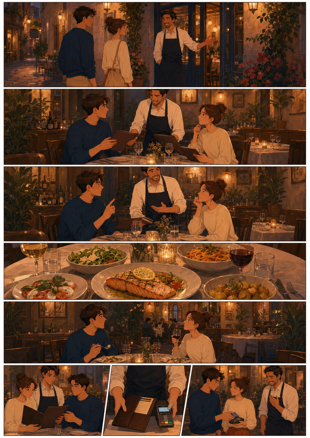 Six-panel storyboard: a couple walks into a warm trattoria at night, sit at a table, the waiter shows them the menu, they discuss the dishes, receive three beautiful plates, enjoy the meal, then pay with a card at the end