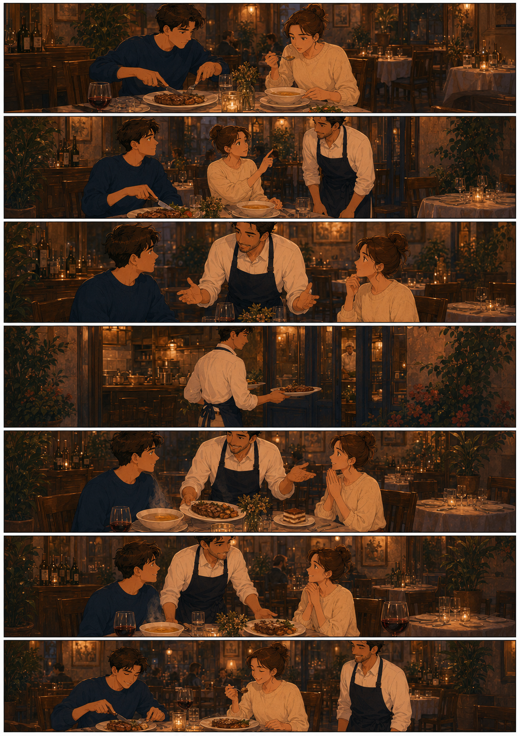 Seven-panel storyboard: a woman at a candlelit trattoria table complains to the waiter about her cold food, the waiter listens attentively, apologises, takes the plate back to the kitchen, brings a fresh warm dish, and the couple ends the meal smiling and satisfied
