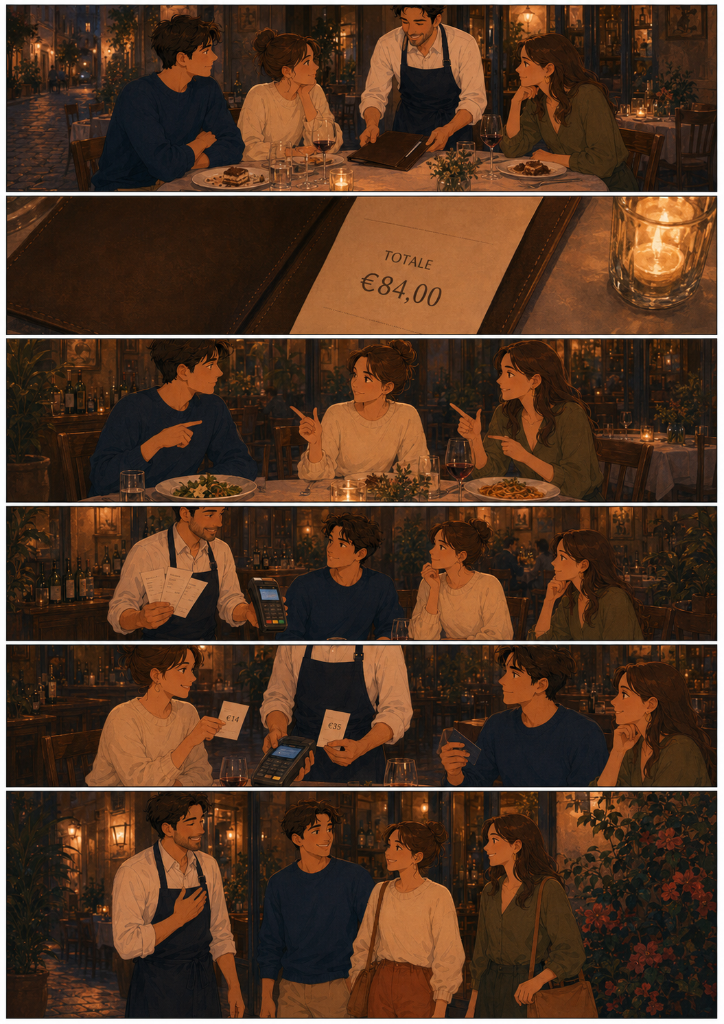 Six-panel storyboard: three friends at a warm trattoria table, the waiter shows the bill of €84 in a leather folder, the friends compare cards, the waiter runs the payment on a card terminal, they take receipts, then leave the restaurant together in the rainy street outside