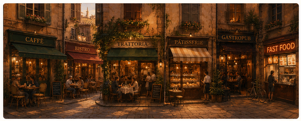 Panoramic view of an old cobbled European street at dusk lined with a Café, a Boulangerie bakery, a Fast Food place and a small restaurant — glowing warm windows and street tables
