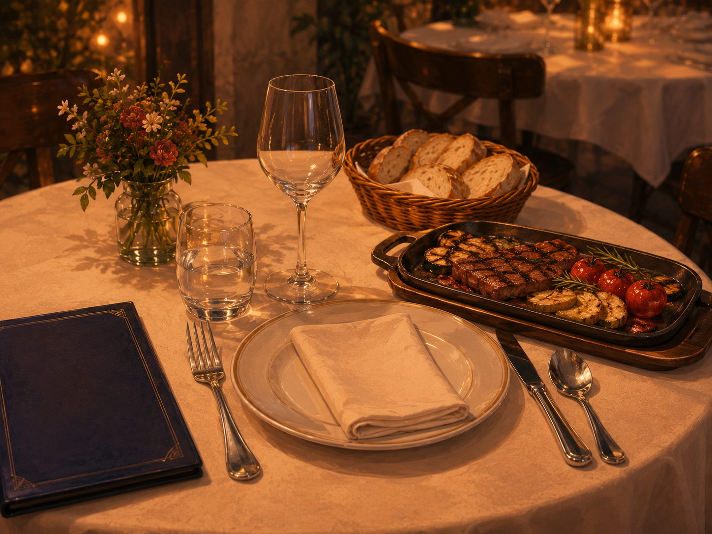 A close-up of a beautifully set restaurant table — beige linen tablecloth, a large ceramic plate with a folded napkin in the centre, a fork on the left, a knife and spoon on the right, a wine glass and a water glass at the top, a leather menu book on the corner, a wicker bread basket with sliced sourdough, a rustic wooden platter with grilled steak and roast vegetables, and a small vase of wild flowers in the background