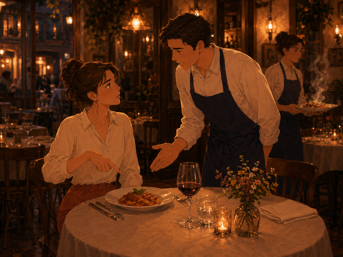 A young woman at a candlelit trattoria table with a bowl of seafood pasta in front of her, a smiling waiter in a navy apron gesturing while explaining the dish, another waitress carrying a steaming plate in the background, warm lantern light