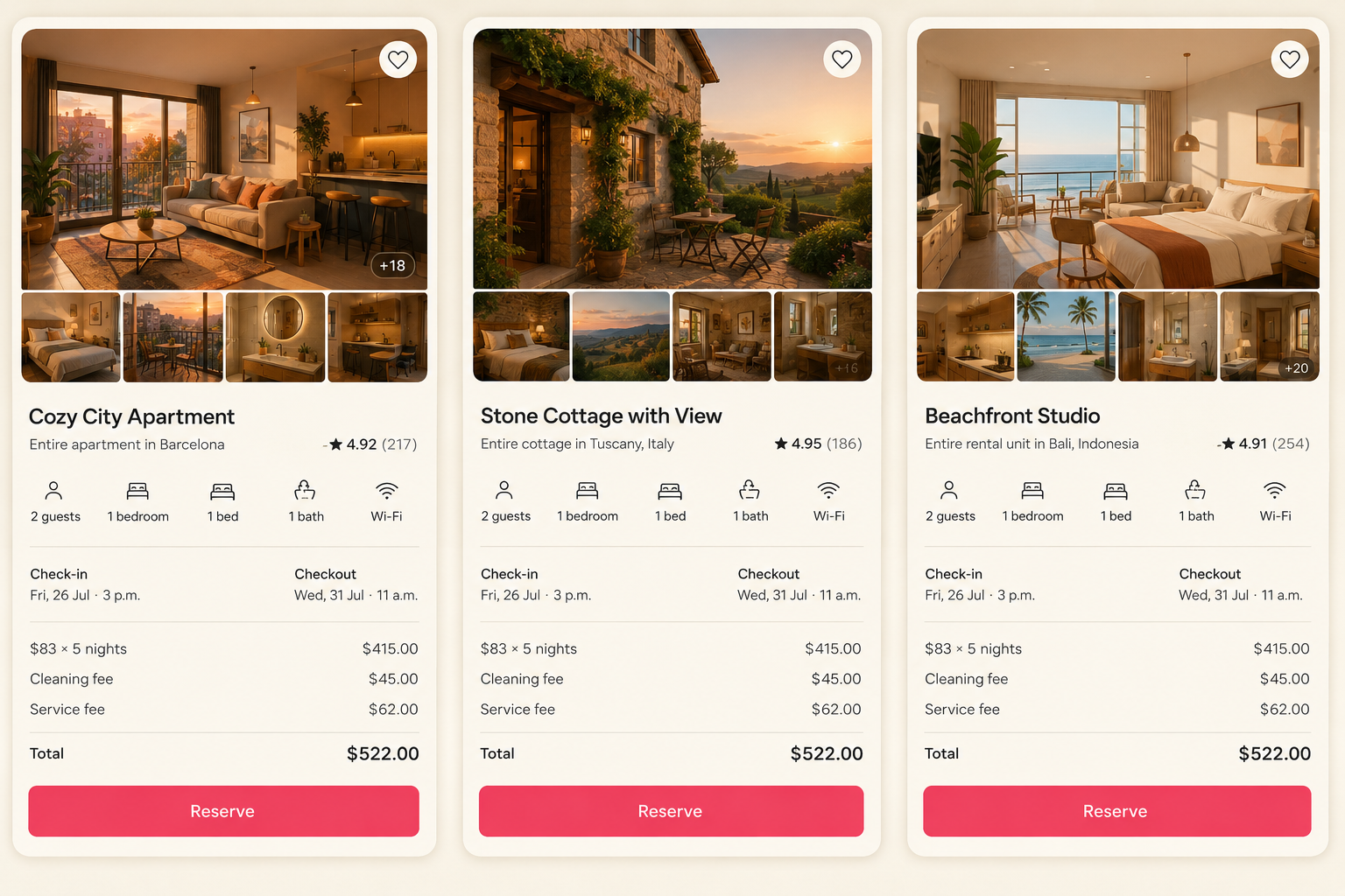Three Airbnb listings side by side: Cozy City Apartment in Barcelona, Stone Cottage with View in Tuscany Italy, and Beachfront Studio in Bali Indonesia — each with photos, ratings, guest info, check-in/checkout dates, price breakdown and a red Reserve button
