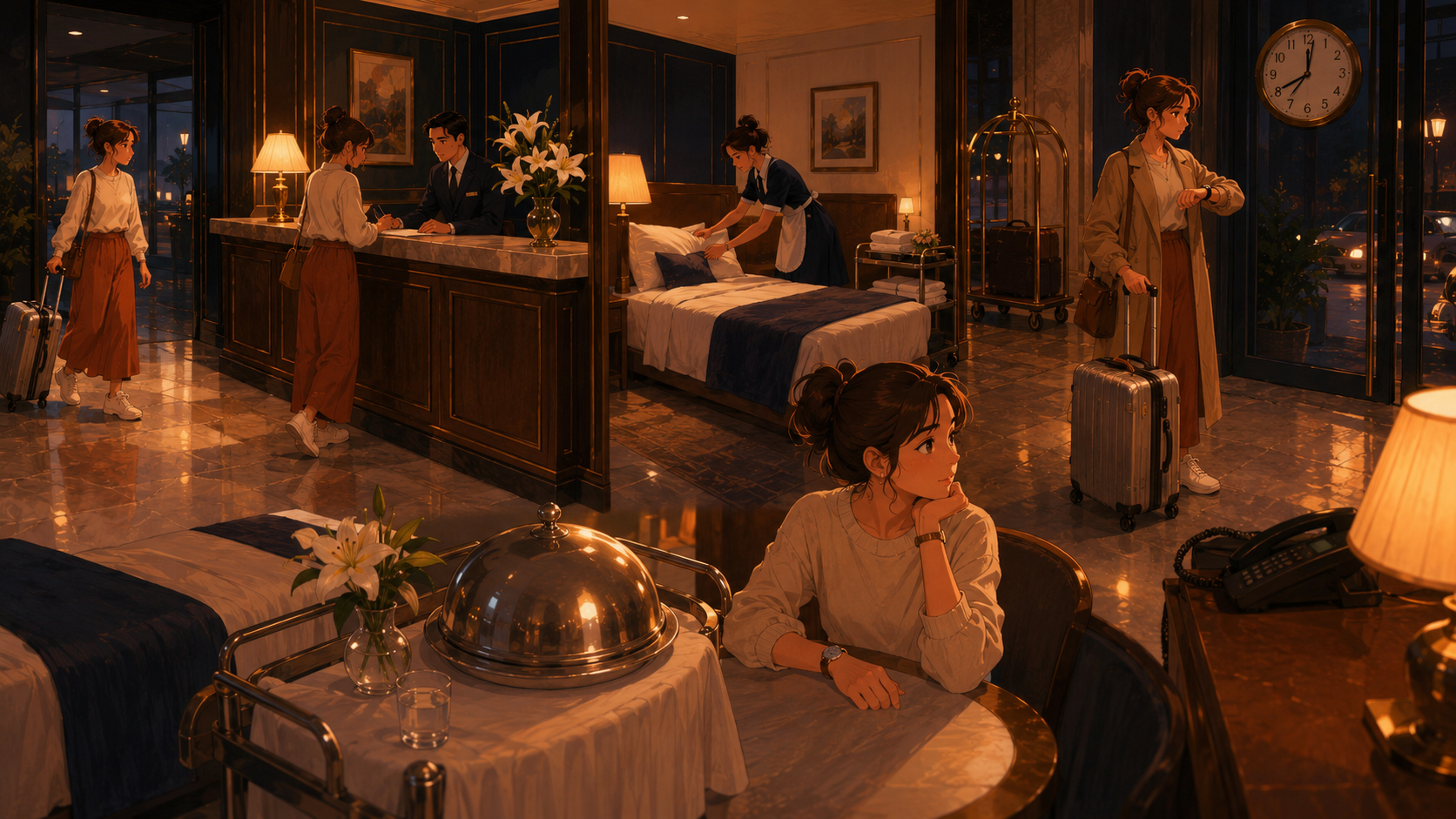 Wide illustration of a late-evening boutique hotel lobby: one guest reads at a small table with a domed silver food cover and a vase of lilies, a maid makes the bed nearby, a receptionist helps a guest at the marble check-in desk, another guest checks her watch by the entrance beside a brass bellhop cart, and a fifth guest is arriving through the front doors with a rolling suitcase. Warm brass lamps, dark navy panelling, cream marble floor.